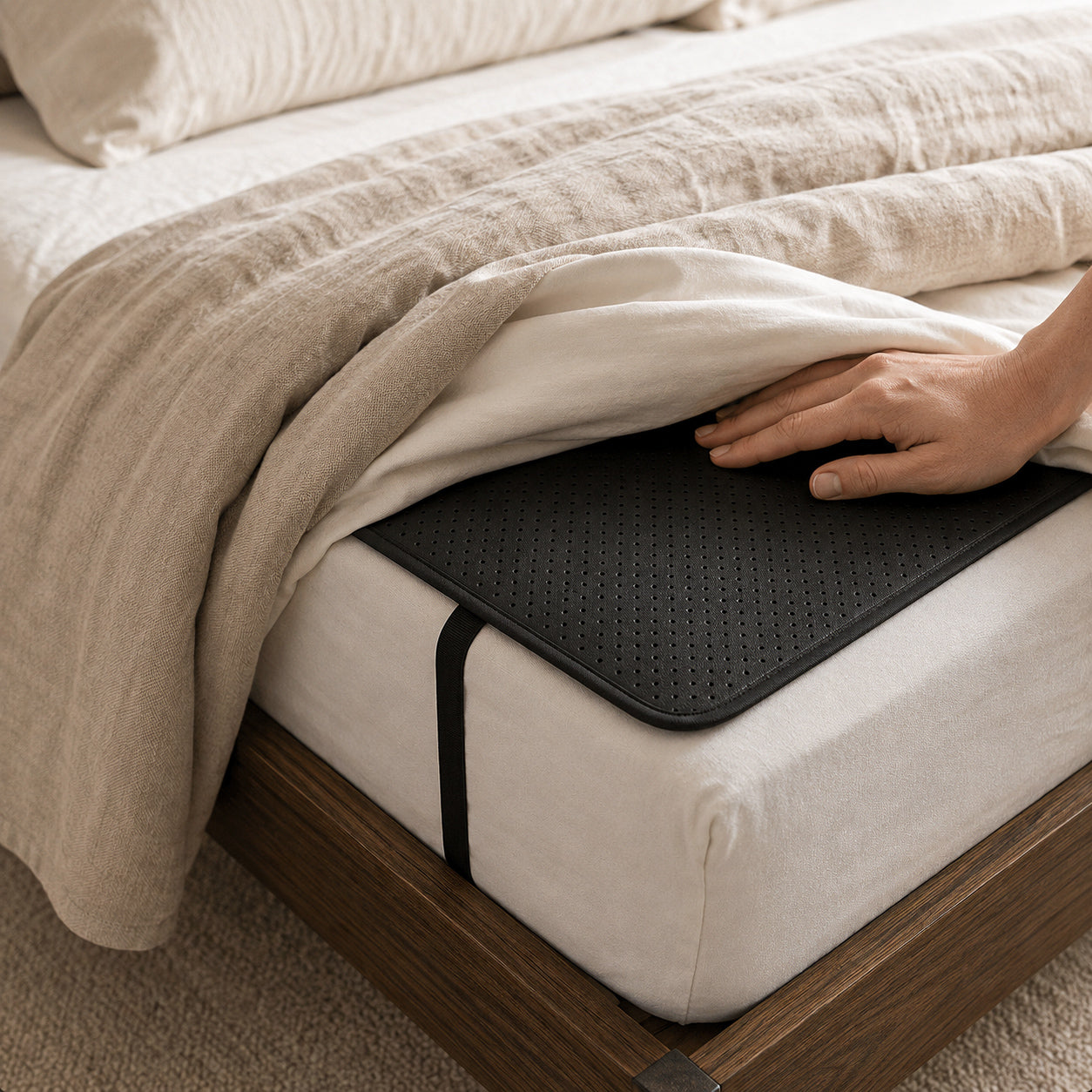 Close-up of the Rise Grounded mattress pad on a bed