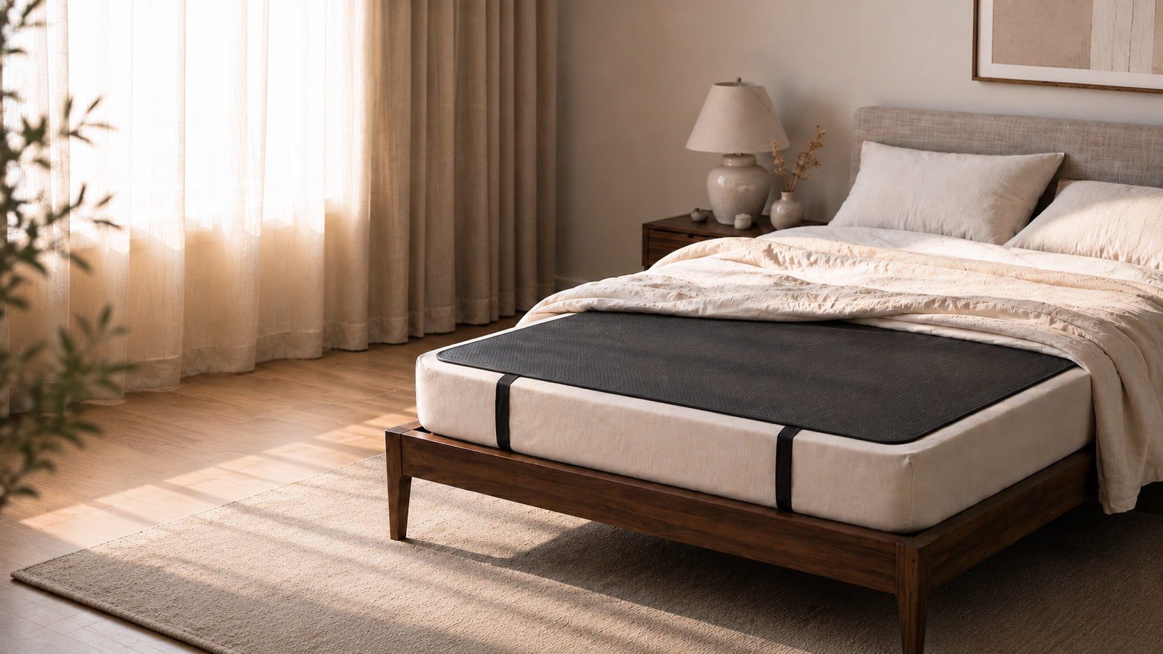 Rise Grounded grounding mattress pad in a calm bedroom